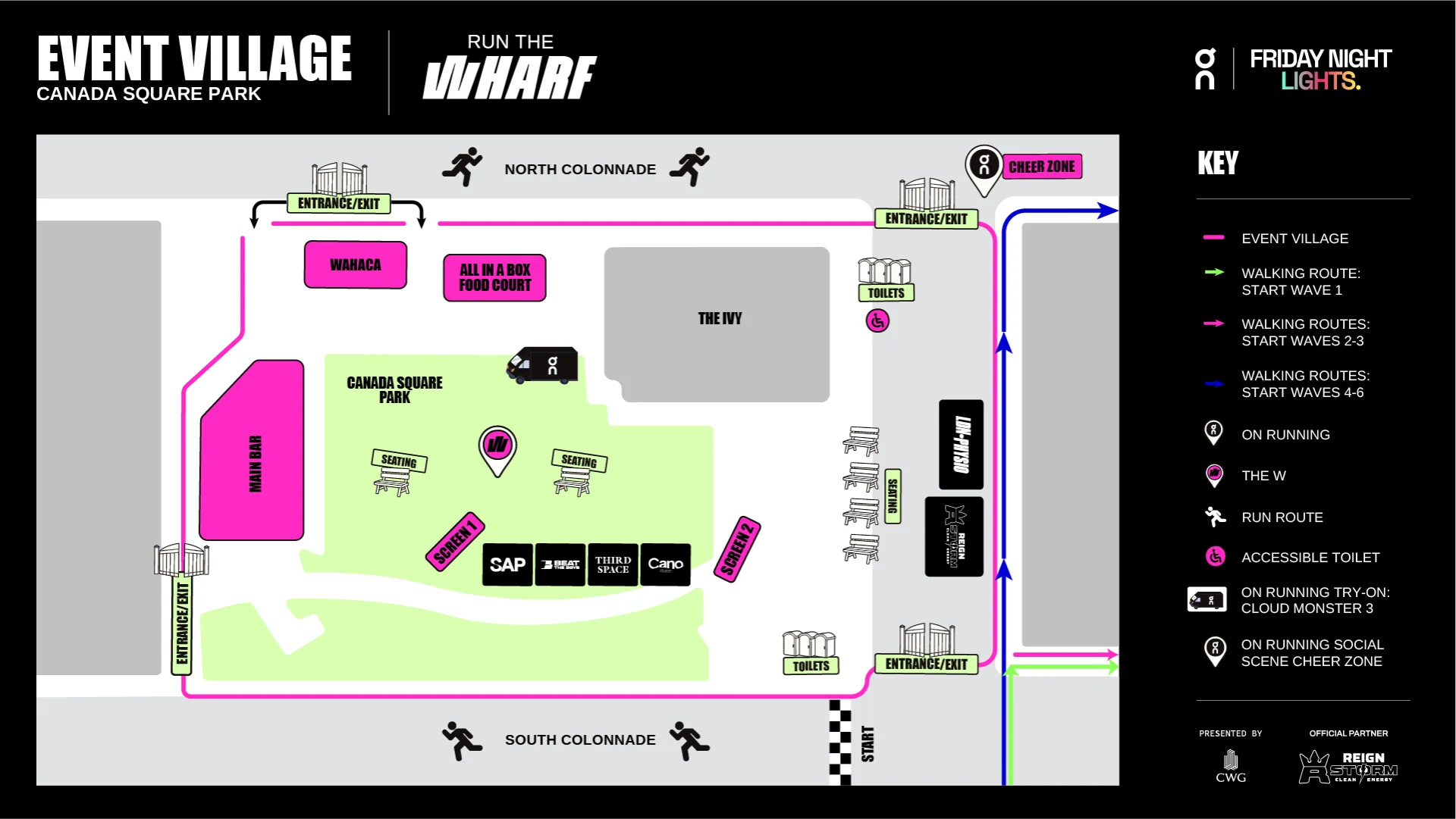 Event Village map of Canada Square Park: entrances and exits on North and South Colonnade, main bar, Wahaca and the All in a Box food court, big screens, seating, toilets and accessible toilet, the On try-on van, the On cheer zone by the north-east entrance, and colour-coded walking routes to the start waves