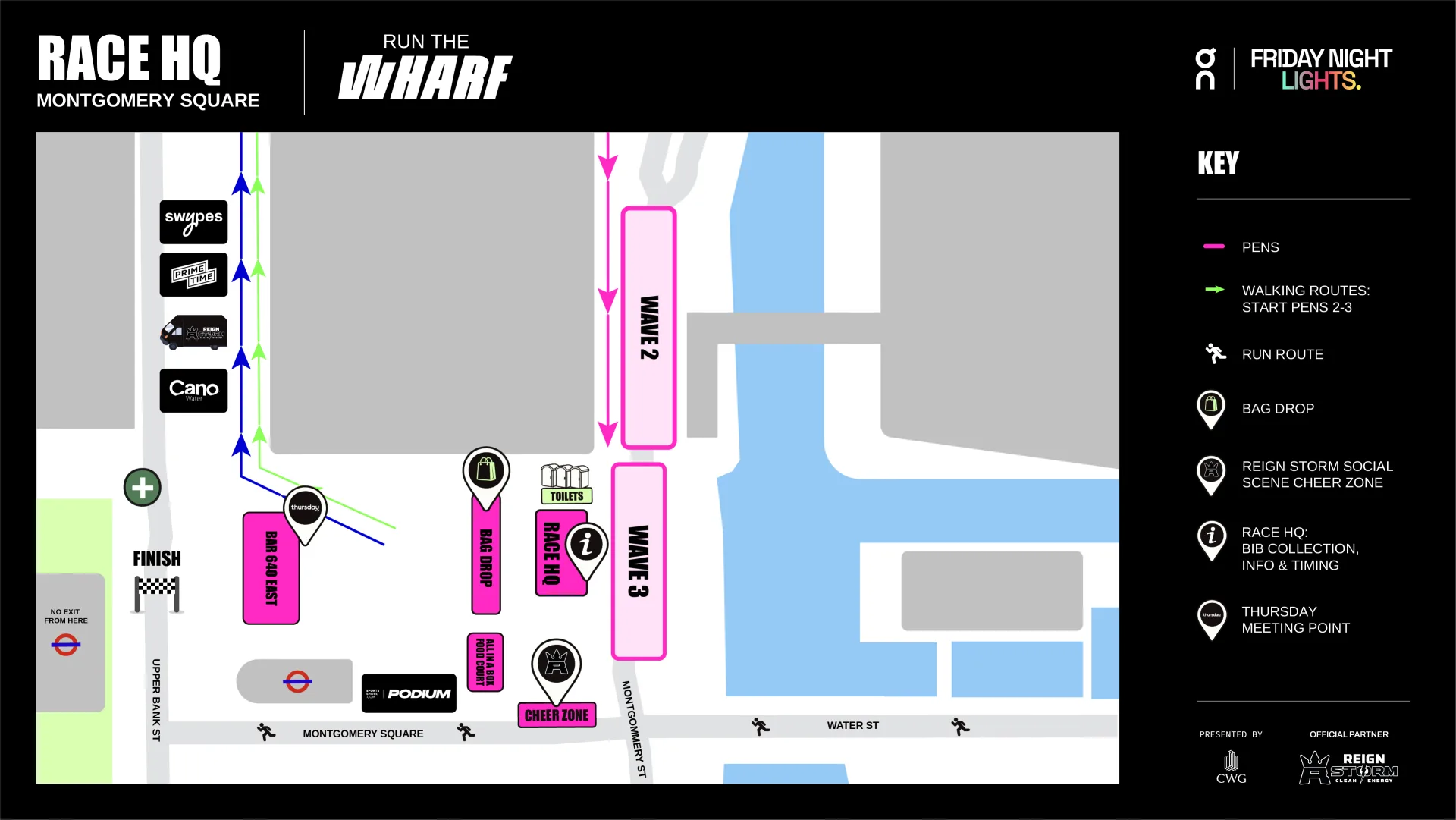 Race HQ map of Montgomery Square: Race HQ for bib collection, info and timing, bag drop, toilets, start waves 2 and 3 with walking routes, Bar 640East, the Thursday meeting point, and the finish line on Upper Bank Street