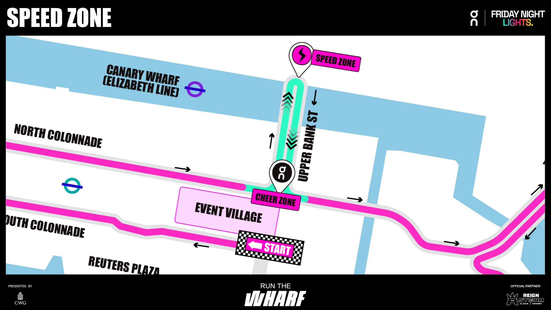 Speed Zone map: a timed out-and-back on Upper Bank Street toward the Canary Wharf Elizabeth line entrance, with its own start and finish either side of the On Cheer Zone at the Event Village junction, and the race start nearby on South Colonnade